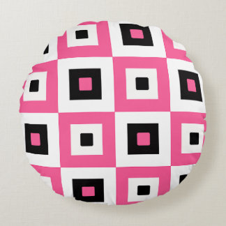 Almofada Redonda Pink Black and White Checkered Squares Pattern