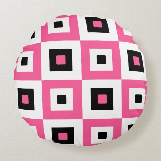 Almofada Redonda Pink Black and White Checkered Squares Pattern (Frente)