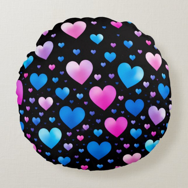 Almofada Redonda Pink & Blue Glowing Hearts  (Frente)