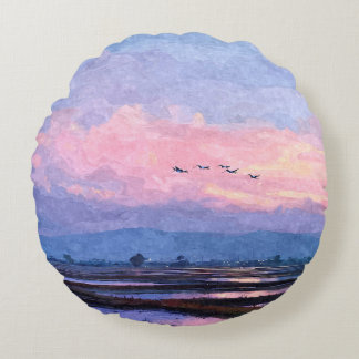 Almofada Redonda Pink Dusk Flight Watercolor Landscape Pillow