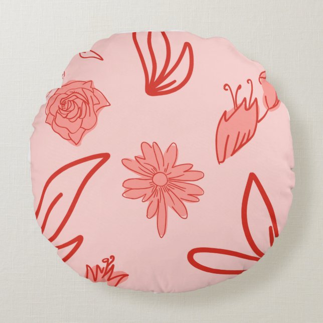 Almofada Redonda Pink Floral Line Art Pattern (Frente)