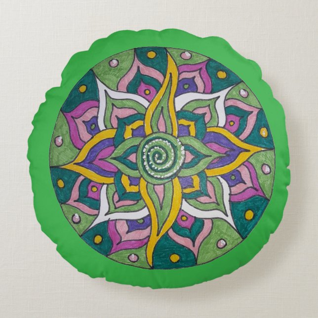 Almofada Redonda Pink/Green Lotus Mandala Round Throw Pillow (Frente)