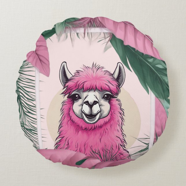 Almofada Redonda Pink Happy Smiling Lama (Frente)
