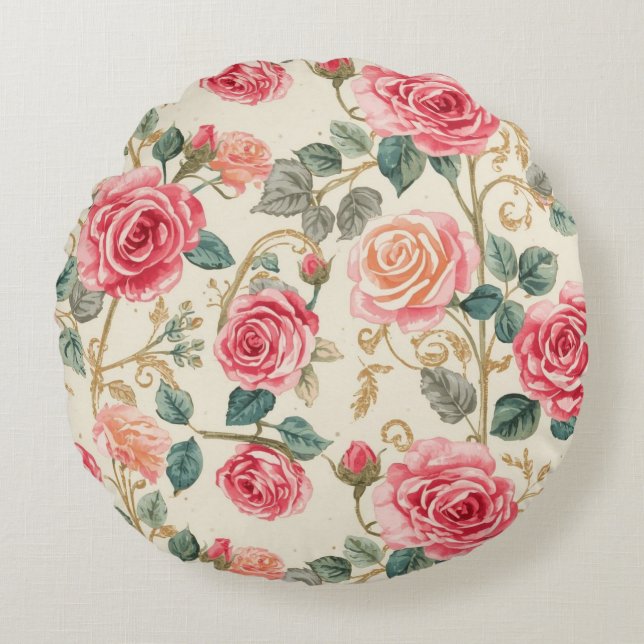 Almofada Redonda Pink Rose Flowers Pattern, Beautiful, Elegant (Frente)
