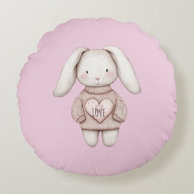 Almofada Redonda Pink Sweet Cute Bunny Pink Sweater Heart (Frente)