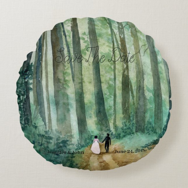 Almofada Redonda Pintada mão de paisagem florestal com aquarela (Frente)