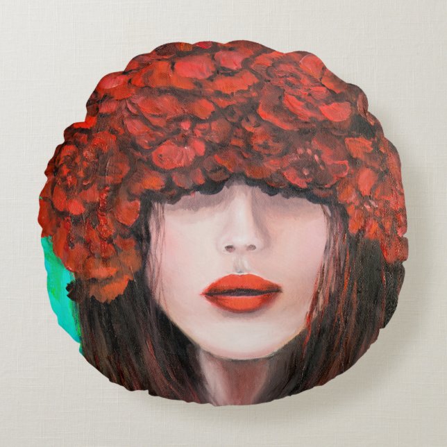 Almofada Redonda pintura a óleo de abstrato mostrando o rosto da mu (Frente)