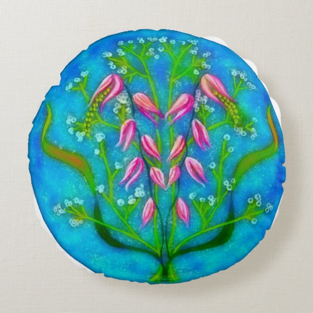 Almofada Redonda Pintura Acrílica de Flores de Praia (Frente)