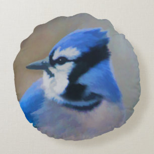 Almofada Redonda Pintura Blue Jay - Arte Original para Pássaros