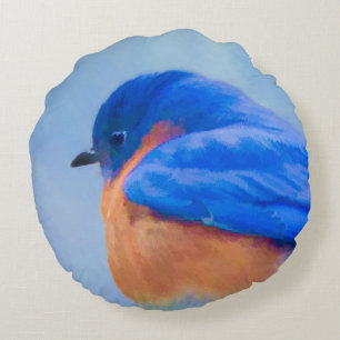 Almofada Redonda Pintura Bluebird - Arte Original para Pássaros