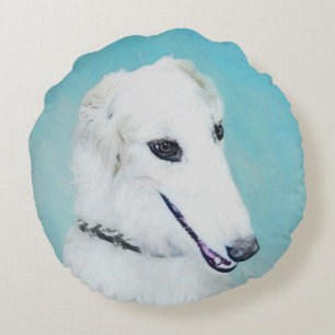 Almofada Redonda Pintura de Borzoi (branca) - Arte de Cachorro Orig