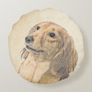 Almofada Redonda Pintura de Dachshund (Longhaired) - Arte de Cão Or