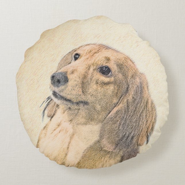Almofada Redonda Pintura de Dachshund (Longhaired) - Arte de Cão Or (Verso)