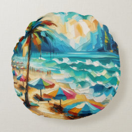 Almofada Redonda Pintura de guarda-chuvas de praia tropical