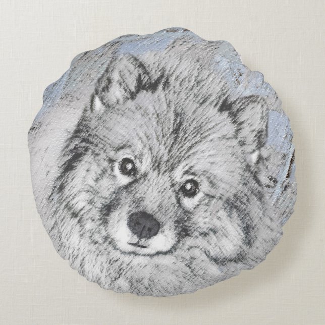 Almofada Redonda Pintura de Keeshond Beth - Arte de Cachorro Origin (Verso)