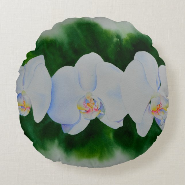 Almofada Redonda Pintura de orquídea branca Elegante tropical (Frente)