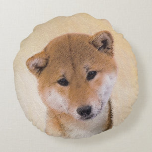 Almofada Redonda Pintura de Shiba Inu (Vermelho) - Arte Original de