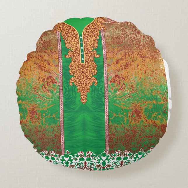 Almofada Redonda pintura de um campo verde com uma borda laranja (Frente)