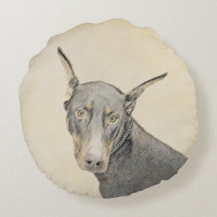 Almofada Redonda Pintura Doberman Pinscher - Arte Original para Cã