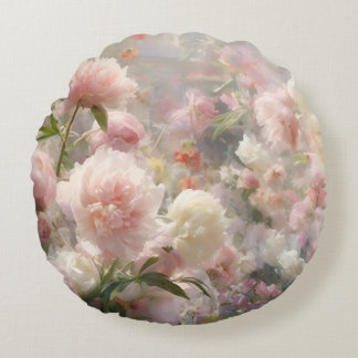 Almofada Redonda Pintura em Aquarela de Peônias Brancas e Rosas