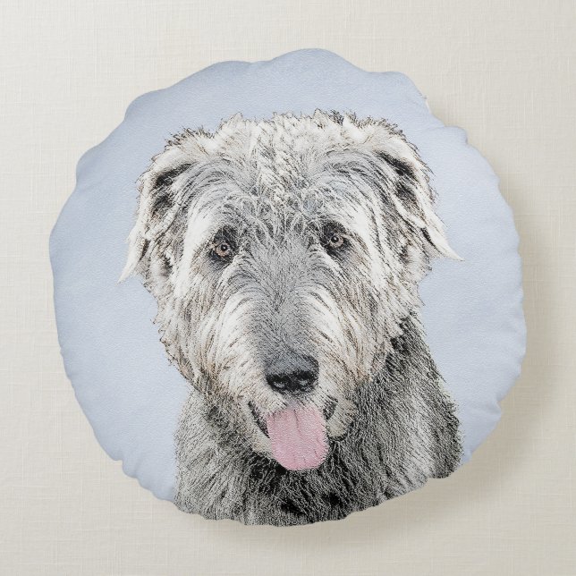 Almofada Redonda Pintura em Wolfhound Irlandês - Arte em Cachorro O (Verso)