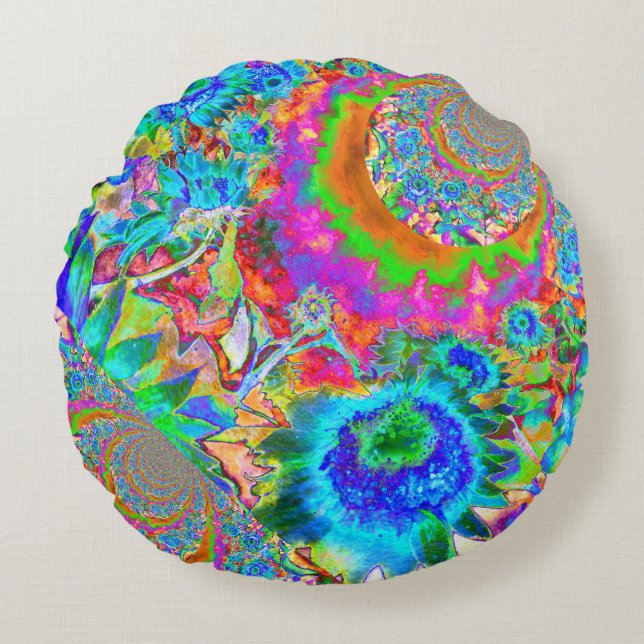 Almofada Redonda Pintura floral de girassol abstrato azul (Frente)