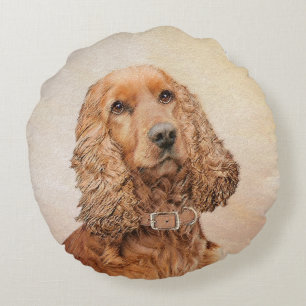Almofada Redonda Pintura Inglesa em Cocker Spaniel - Arte Original
