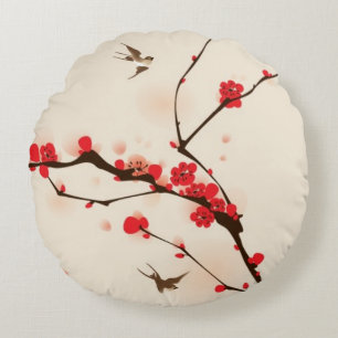 Almofada Redonda Pintura oriental do estilo, flor da ameixa no
