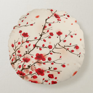 Almofada Redonda Pintura oriental do estilo, flor da ameixa no