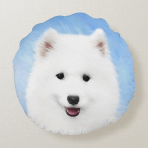Almofada Redonda Pintura Samoyed Puppy - Arte Cachorra Original