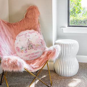 Almofada Redonda Pipoca rosa e Festa de aniversário de pijama