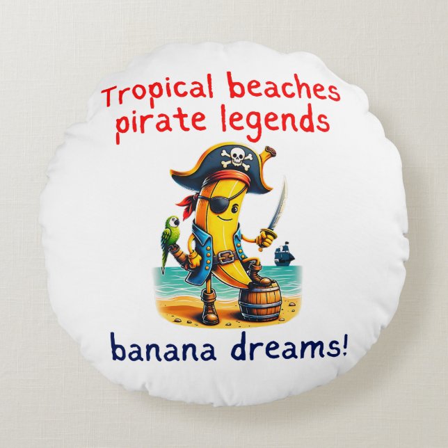 Almofada Redonda Pirate Banana Adventure Vibe em praia tropical (Frente)