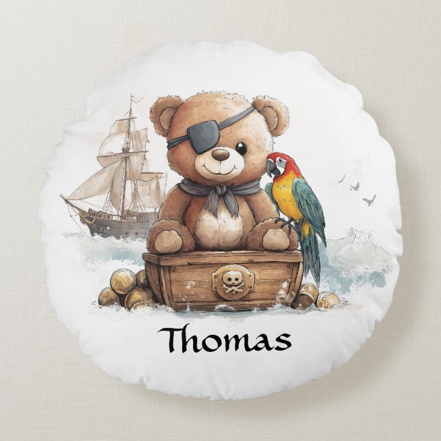 Almofada Redonda Pirate Teddy Bear Adventure - Personalizável (Frente)