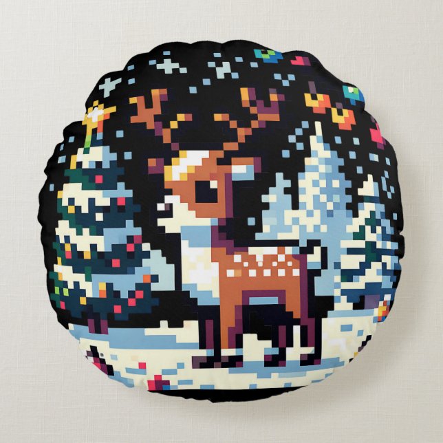 Almofada Redonda Pixel Art Reindeer no Natal da Neve (Frente)