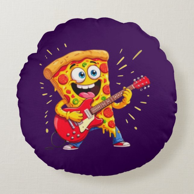 Almofada Redonda **Pizza Rock ’n’ Roll – Fatia Engraçada Tocando Gu (Frente)