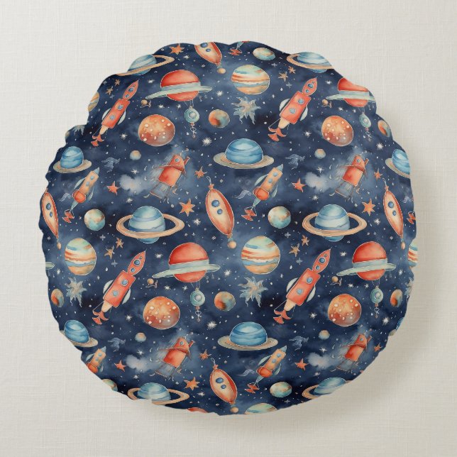 Almofada Redonda Planeta Espacial do Bebê Cachorro Azul (Frente)