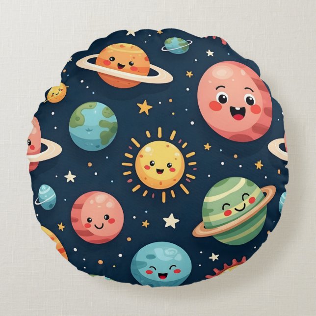Almofada Redonda Planetas Cujos Travesseiros Espaciais Kawaii (Frente)