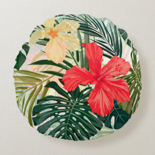 Almofada Redonda Plantas tropicais havaianas, flores coloridas.