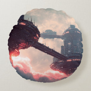 Almofada Redonda Plataformas futuristas nas nuvens ao crepúsculo