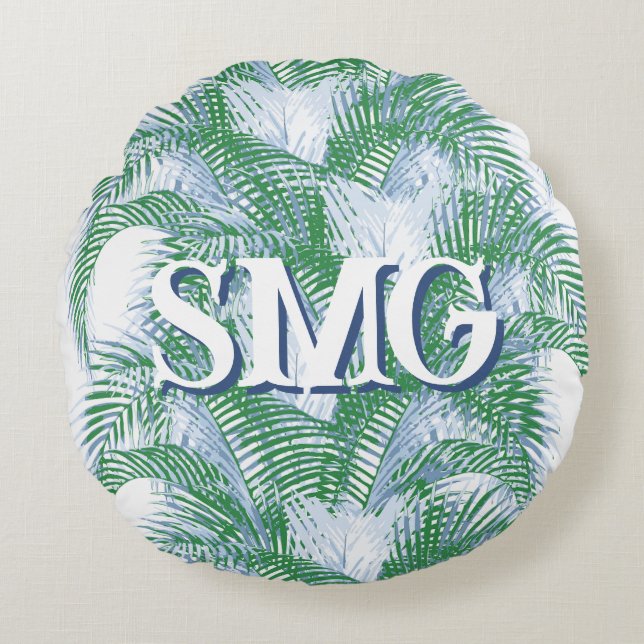 Almofada Redonda Plume Palm Fronds in Slate + Green Personalized (Frente)