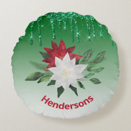 Almofada Redonda Poinsetos festivos e gotas de brilho verde