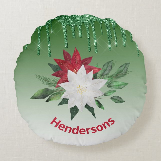 Almofada Redonda Poinsetos festivos e gotas de brilho verde (Frente)