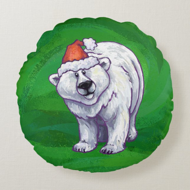 Almofada Redonda Polar Bear Natal Em Verde (Frente)