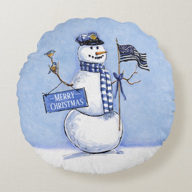 Almofada Redonda Policial Thin Blue Line Snowman Natal (Frente)