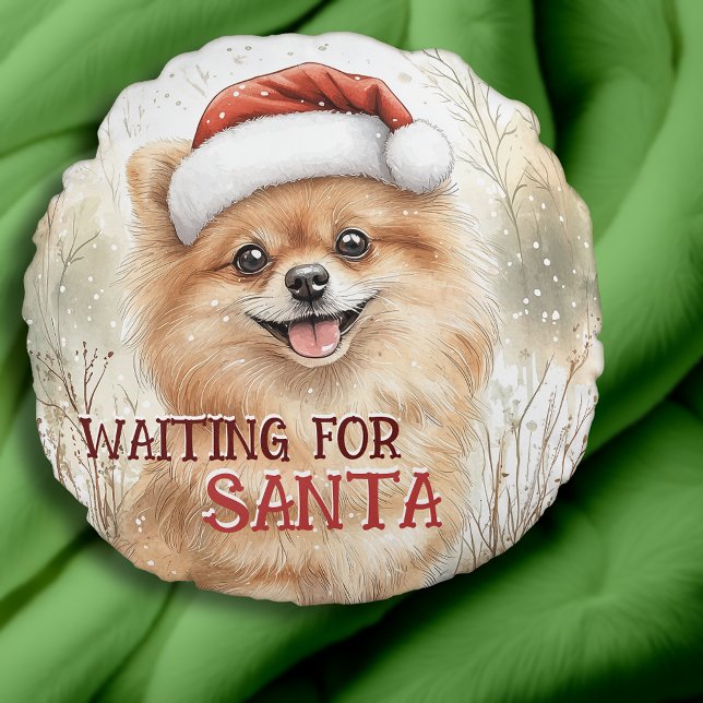 Almofada Redonda Pomerânia À Espera De Papais noeis Pom Dog Waterco (Pomeranian Waiting For Santa Pom Dog Watercolor Round Pillow. Personalize It!)