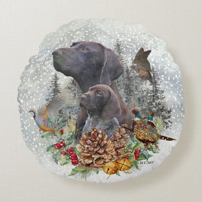 Almofada Redonda Ponteiro Alemão Curto no inverno (Frente)