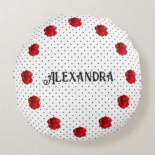 Almofada Redonda Ponto de Bolinhas Floral Vermelho Personalizado (Frente)