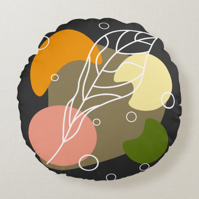 Almofada Redonda Pontos de abstrato interessantes com folhas (Frente)