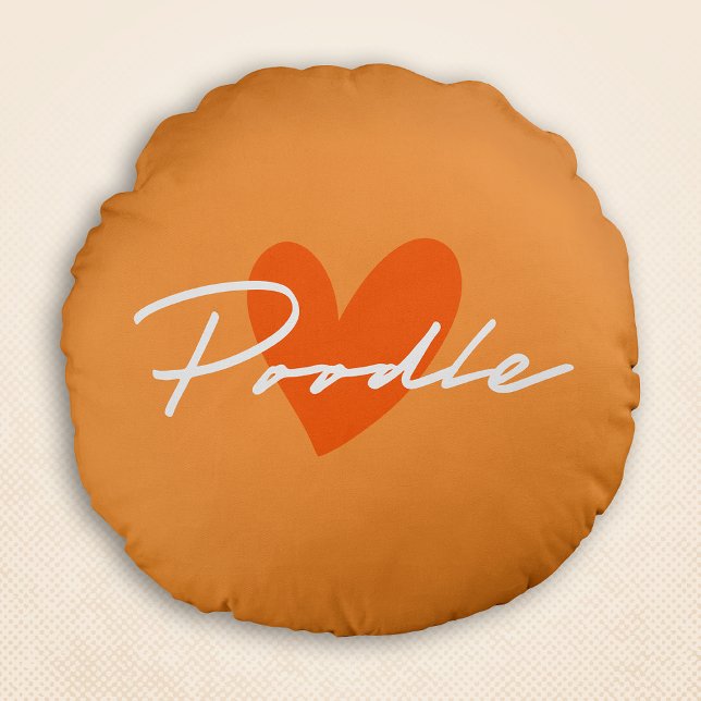Almofada Redonda Poodle Chic & Rico Script Orange c/ Orange Heart (Poodle Chic & Fancy Script Orange w/ Orange Heart Round Pillow)