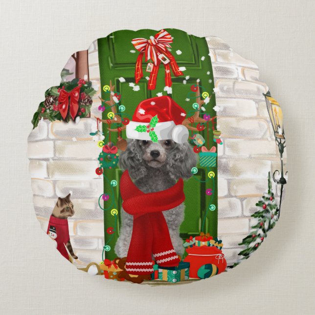 Almofada Redonda Poodle Christmas (Frente)